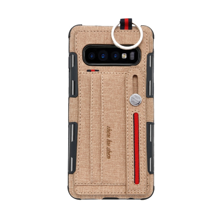 For Galaxy S10+ Cloth Texture + TPU Shockproof Protective Case with Metal Ring & Holder & Card Slots & Hanging Strap