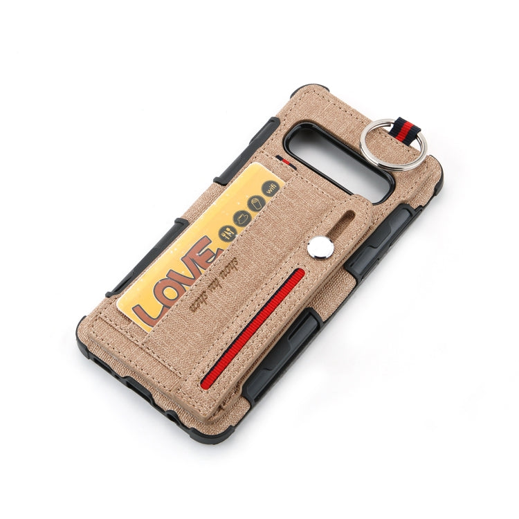 For Galaxy S10+ Cloth Texture + TPU Shockproof Protective Case with Metal Ring & Holder & Card Slots & Hanging Strap