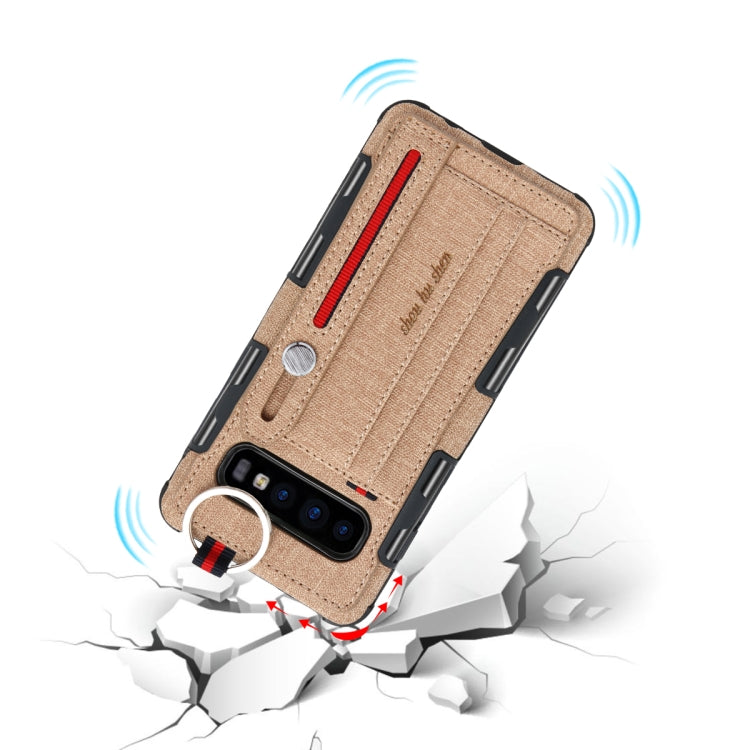 For Galaxy S10+ Cloth Texture + TPU Shockproof Protective Case with Metal Ring & Holder & Card Slots & Hanging Strap
