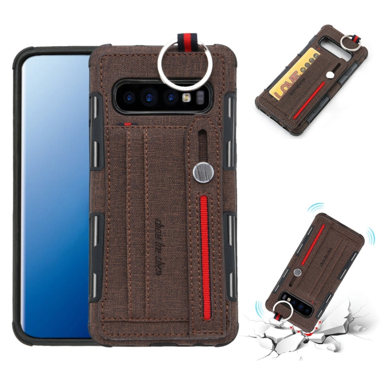 For Galaxy S10+ Cloth Texture + TPU Shockproof Protective Case with Metal Ring & Holder & Card Slots & Hanging Strap