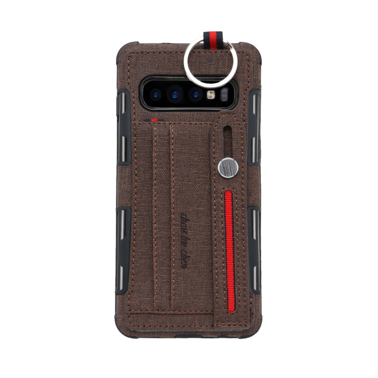 For Galaxy S10+ Cloth Texture + TPU Shockproof Protective Case with Metal Ring & Holder & Card Slots & Hanging Strap