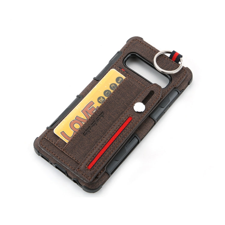For Galaxy S10+ Cloth Texture + TPU Shockproof Protective Case with Metal Ring & Holder & Card Slots & Hanging Strap