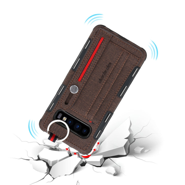 For Galaxy S10+ Cloth Texture + TPU Shockproof Protective Case with Metal Ring & Holder & Card Slots & Hanging Strap
