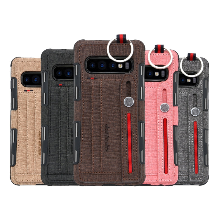 For Galaxy S10+ Cloth Texture + TPU Shockproof Protective Case with Metal Ring & Holder & Card Slots & Hanging Strap