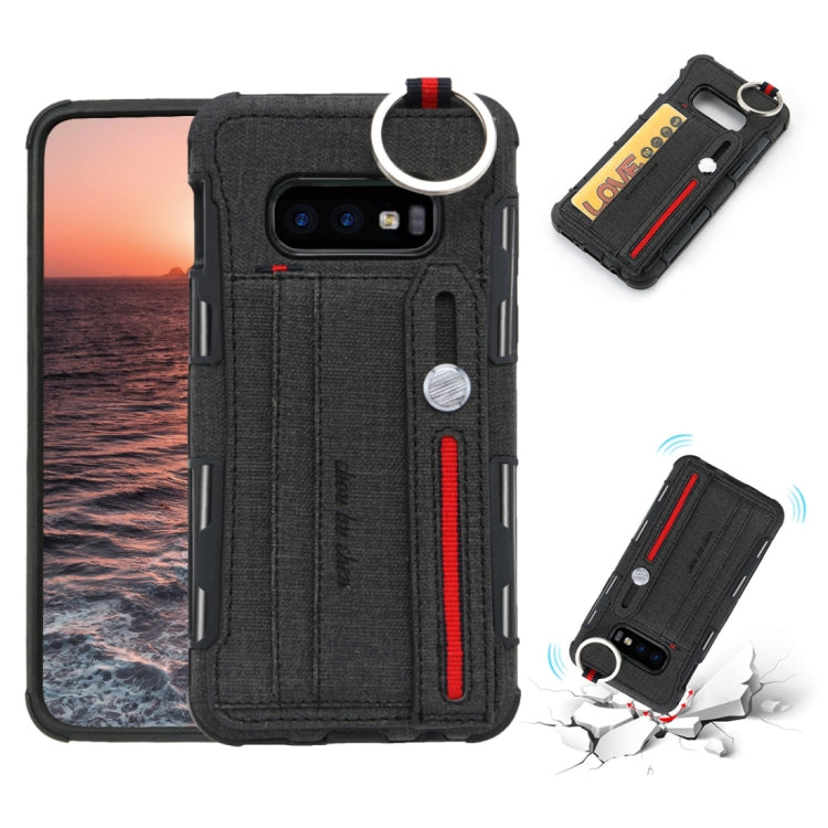 For Galaxy S10e Cloth Texture + TPU Shockproof Protective Case with Metal Ring & Holder & Card Slots & Hanging Strap