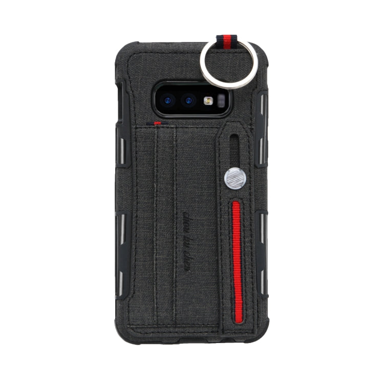 For Galaxy S10e Cloth Texture + TPU Shockproof Protective Case with Metal Ring & Holder & Card Slots & Hanging Strap