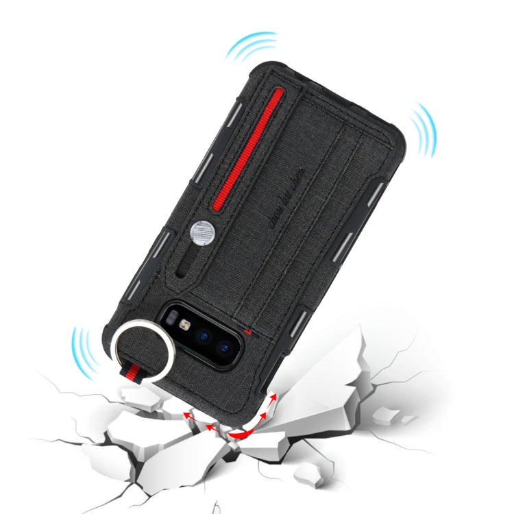 For Galaxy S10e Cloth Texture + TPU Shockproof Protective Case with Metal Ring & Holder & Card Slots & Hanging Strap