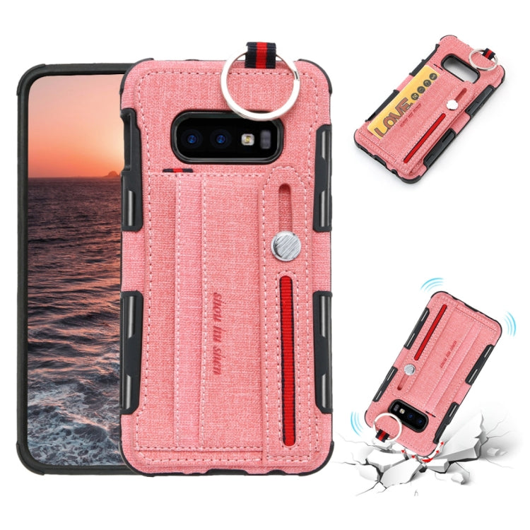 For Galaxy S10e Cloth Texture + TPU Shockproof Protective Case with Metal Ring & Holder & Card Slots & Hanging Strap