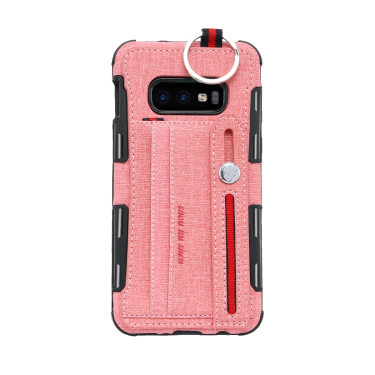 For Galaxy S10e Cloth Texture + TPU Shockproof Protective Case with Metal Ring & Holder & Card Slots & Hanging Strap