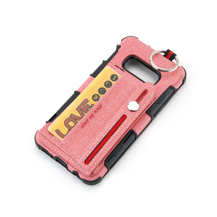 For Galaxy S10e Cloth Texture + TPU Shockproof Protective Case with Metal Ring & Holder & Card Slots & Hanging Strap
