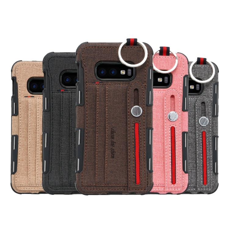 For Galaxy S10e Cloth Texture + TPU Shockproof Protective Case with Metal Ring & Holder & Card Slots & Hanging Strap