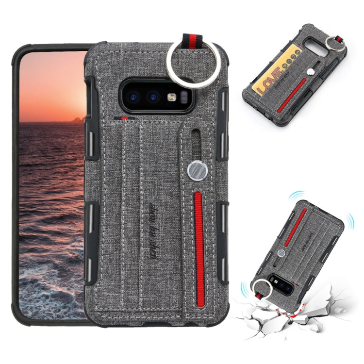 For Galaxy S10e Cloth Texture + TPU Shockproof Protective Case with Metal Ring & Holder & Card Slots & Hanging Strap
