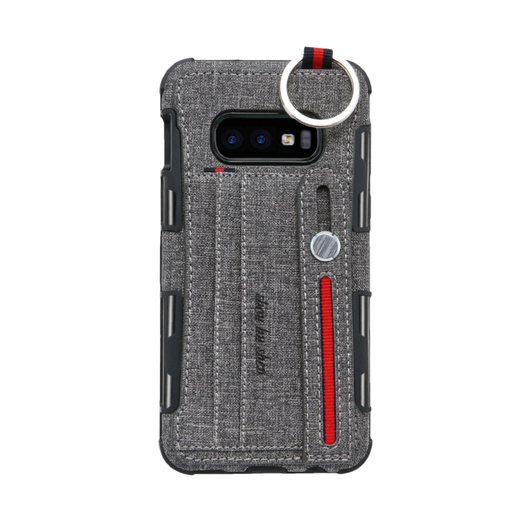 For Galaxy S10e Cloth Texture + TPU Shockproof Protective Case with Metal Ring & Holder & Card Slots & Hanging Strap