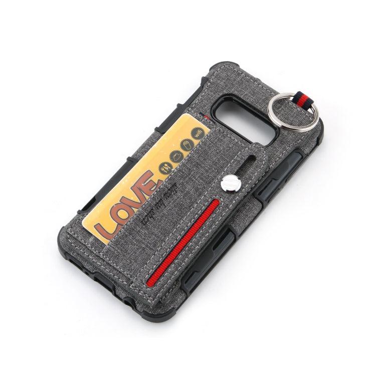 For Galaxy S10e Cloth Texture + TPU Shockproof Protective Case with Metal Ring & Holder & Card Slots & Hanging Strap