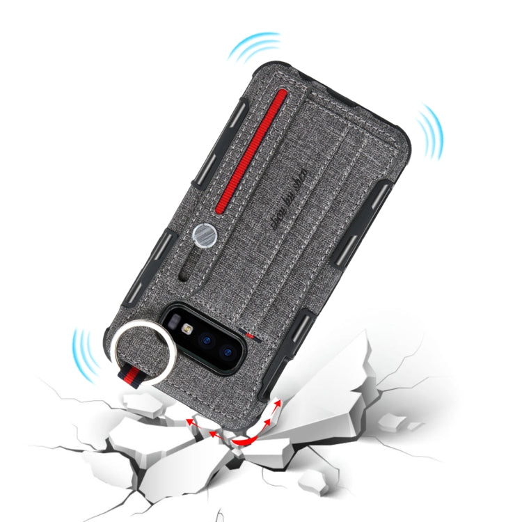 For Galaxy S10e Cloth Texture + TPU Shockproof Protective Case with Metal Ring & Holder & Card Slots & Hanging Strap