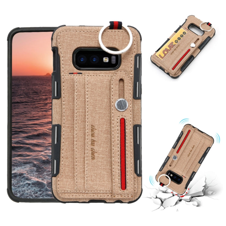For Galaxy S10e Cloth Texture + TPU Shockproof Protective Case with Metal Ring & Holder & Card Slots & Hanging Strap