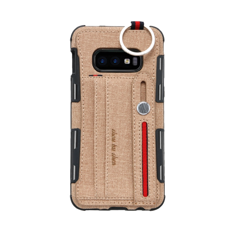 For Galaxy S10e Cloth Texture + TPU Shockproof Protective Case with Metal Ring & Holder & Card Slots & Hanging Strap