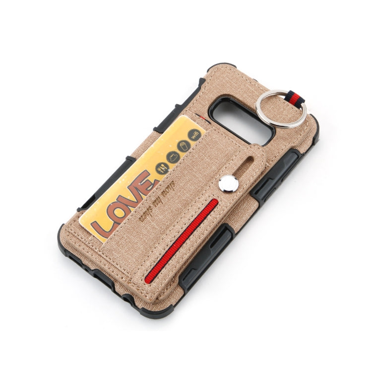 For Galaxy S10e Cloth Texture + TPU Shockproof Protective Case with Metal Ring & Holder & Card Slots & Hanging Strap