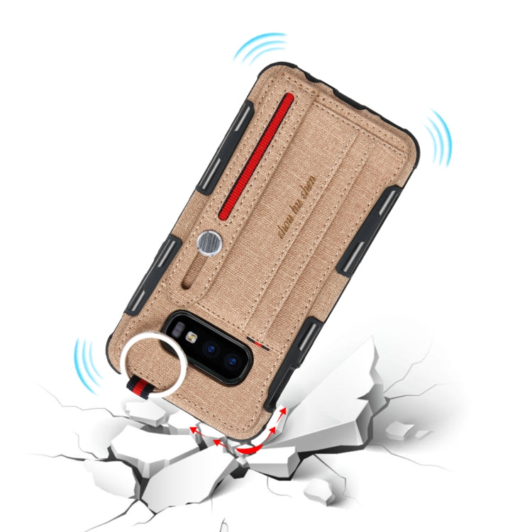 For Galaxy S10e Cloth Texture + TPU Shockproof Protective Case with Metal Ring & Holder & Card Slots & Hanging Strap