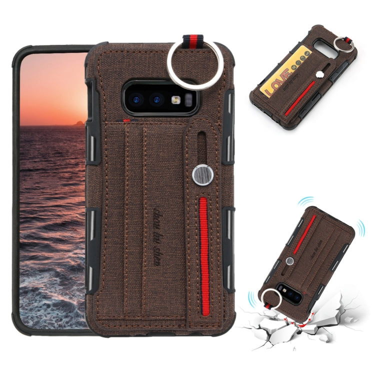 For Galaxy S10e Cloth Texture + TPU Shockproof Protective Case with Metal Ring & Holder & Card Slots & Hanging Strap