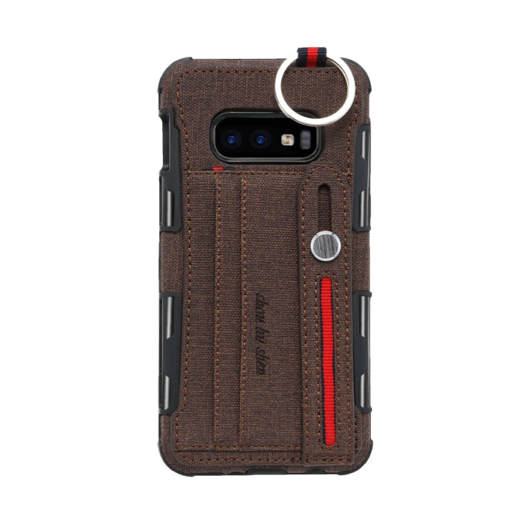 For Galaxy S10e Cloth Texture + TPU Shockproof Protective Case with Metal Ring & Holder & Card Slots & Hanging Strap