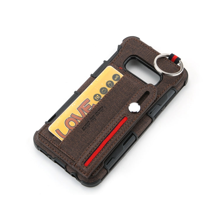 For Galaxy S10e Cloth Texture + TPU Shockproof Protective Case with Metal Ring & Holder & Card Slots & Hanging Strap