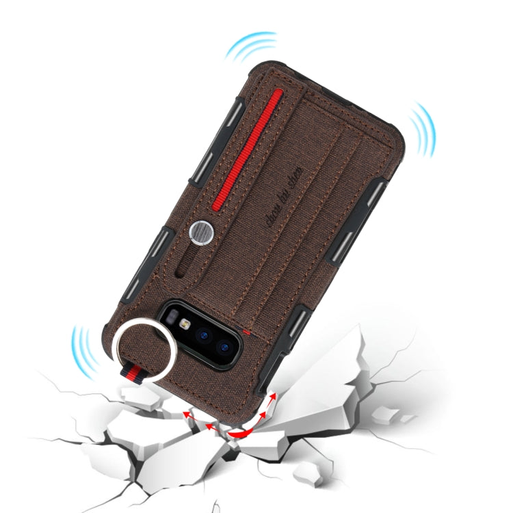 For Galaxy S10e Cloth Texture + TPU Shockproof Protective Case with Metal Ring & Holder & Card Slots & Hanging Strap