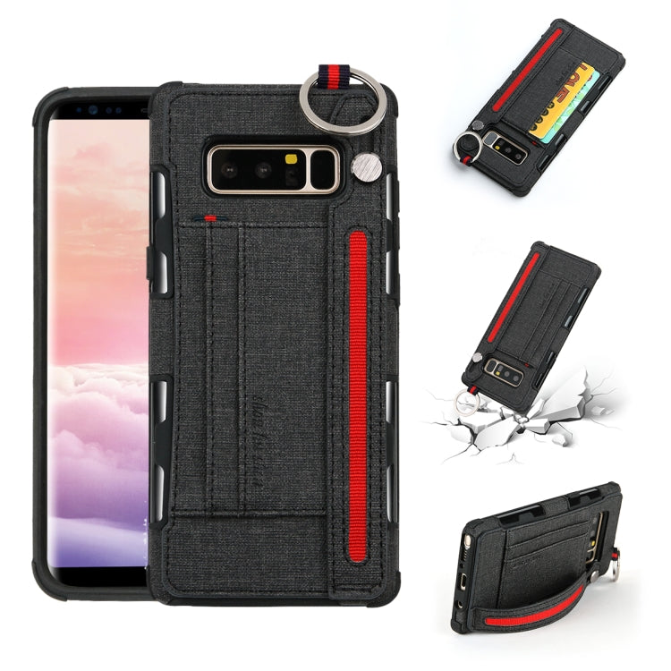 For Galaxy Note 8 Cloth Texture + TPU Shockproof Protective Case with Metal Ring & Holder & Card Slots & Hanging Strap