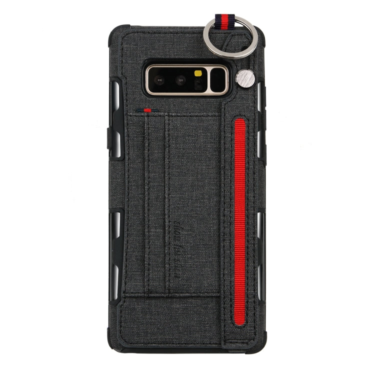 For Galaxy Note 8 Cloth Texture + TPU Shockproof Protective Case with Metal Ring & Holder & Card Slots & Hanging Strap