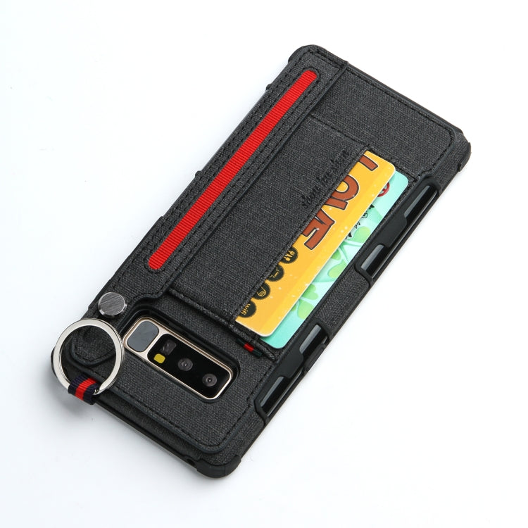 For Galaxy Note 8 Cloth Texture + TPU Shockproof Protective Case with Metal Ring & Holder & Card Slots & Hanging Strap