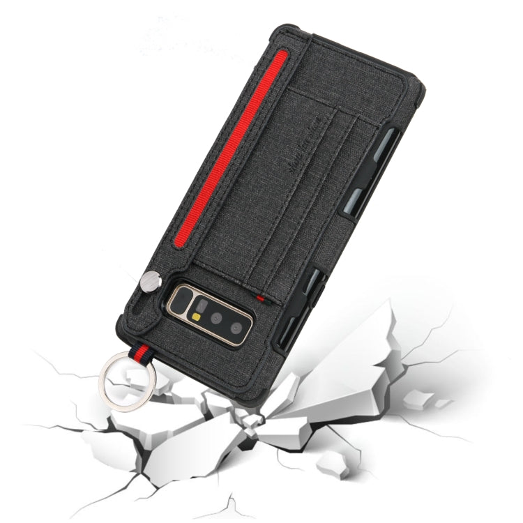 For Galaxy Note 8 Cloth Texture + TPU Shockproof Protective Case with Metal Ring & Holder & Card Slots & Hanging Strap