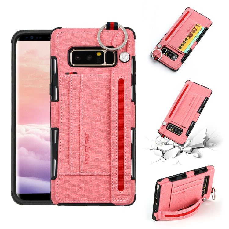 For Galaxy Note 8 Cloth Texture + TPU Shockproof Protective Case with Metal Ring & Holder & Card Slots & Hanging Strap