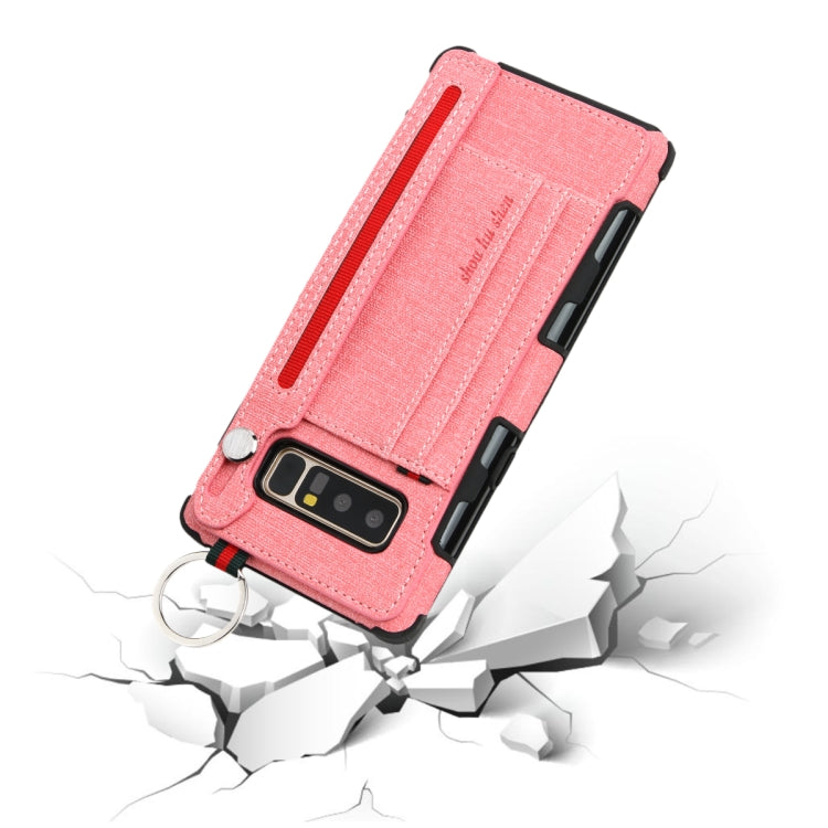 For Galaxy Note 8 Cloth Texture + TPU Shockproof Protective Case with Metal Ring & Holder & Card Slots & Hanging Strap