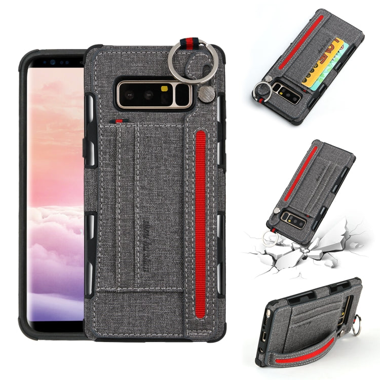 For Galaxy Note 8 Cloth Texture + TPU Shockproof Protective Case with Metal Ring & Holder & Card Slots & Hanging Strap