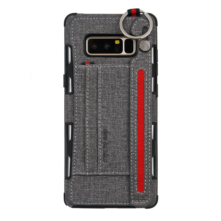 For Galaxy Note 8 Cloth Texture + TPU Shockproof Protective Case with Metal Ring & Holder & Card Slots & Hanging Strap