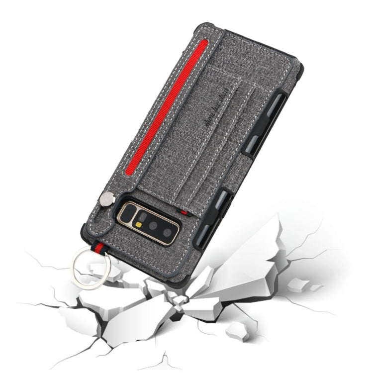 For Galaxy Note 8 Cloth Texture + TPU Shockproof Protective Case with Metal Ring & Holder & Card Slots & Hanging Strap
