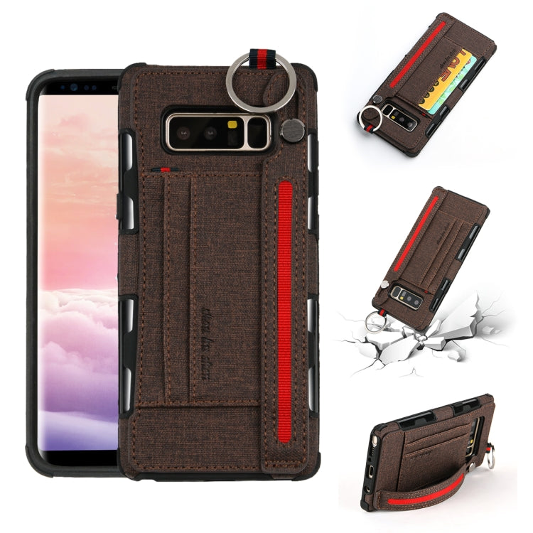 For Galaxy Note 8 Cloth Texture + TPU Shockproof Protective Case with Metal Ring & Holder & Card Slots & Hanging Strap