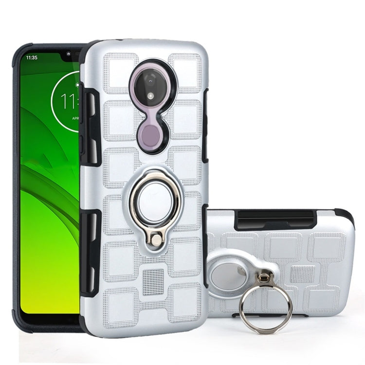 For Motorola Moto G7 Power EU Version 2 In 1 Cube PC + TPU Protective Case with 360 Degrees Rotate Silver Ring Holder