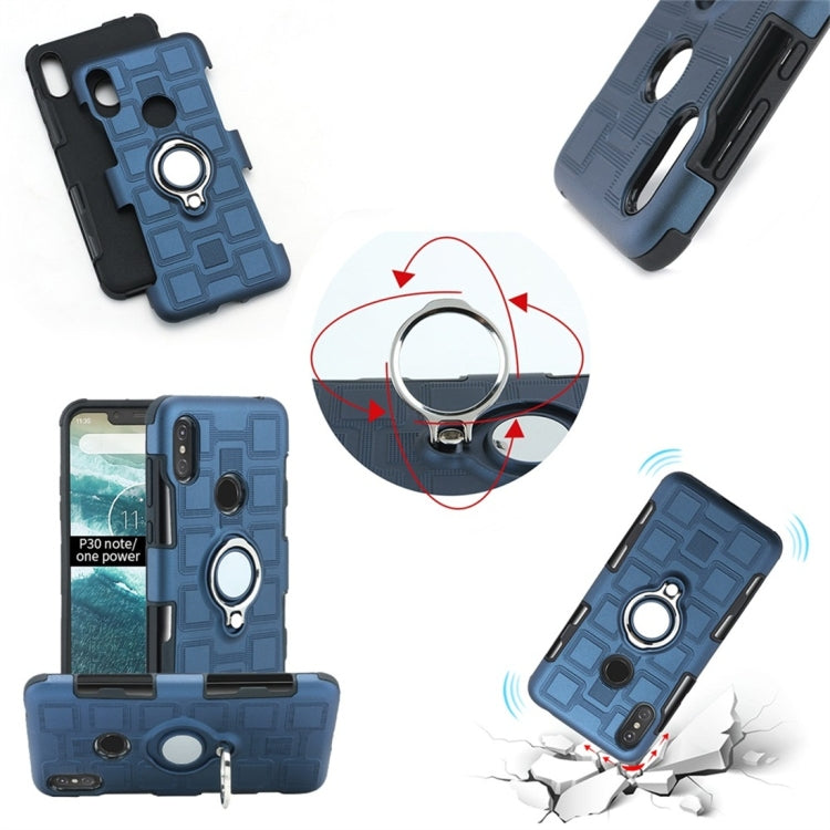 For Motorola One Power (P30 Note) 2 In 1 Cube PC + TPU Protective Case with 360 Degrees Rotate Silver Ring Holder