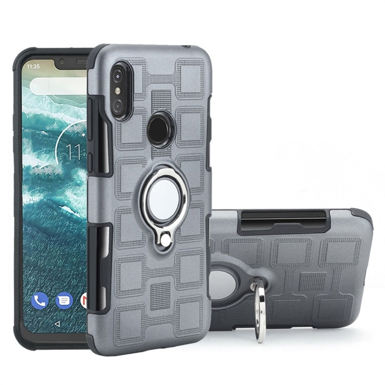 For Motorola One Power (P30 Note) 2 In 1 Cube PC + TPU Protective Case with 360 Degrees Rotate Silver Ring Holder