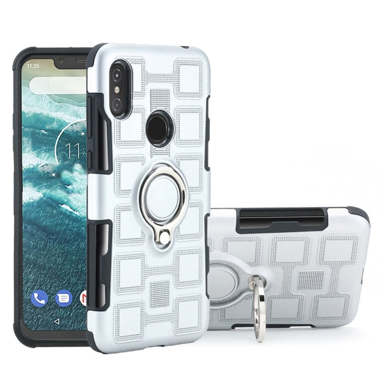 For Motorola One Power (P30 Note) 2 In 1 Cube PC + TPU Protective Case with 360 Degrees Rotate Silver Ring Holder