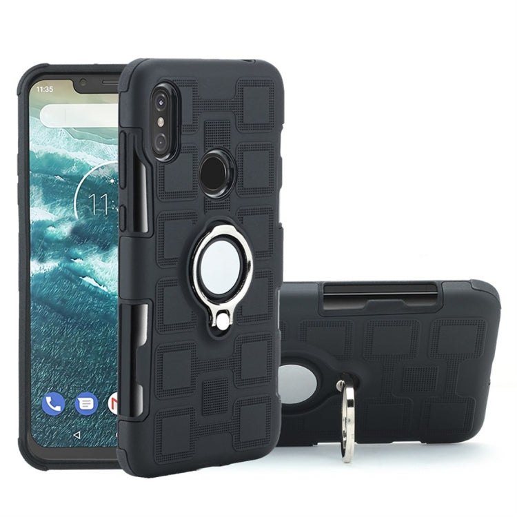 For Motorola One (P30 Play) 2 In 1 Cube PC + TPU Protective Case with 360 Degrees Rotate Silver Ring Holder