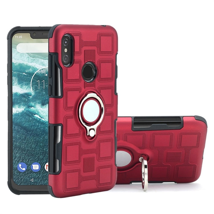 For Motorola One (P30 Play) 2 In 1 Cube PC + TPU Protective Case with 360 Degrees Rotate Silver Ring Holder