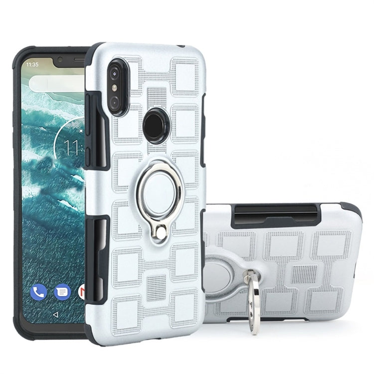 For Motorola One (P30 Play) 2 In 1 Cube PC + TPU Protective Case with 360 Degrees Rotate Silver Ring Holder