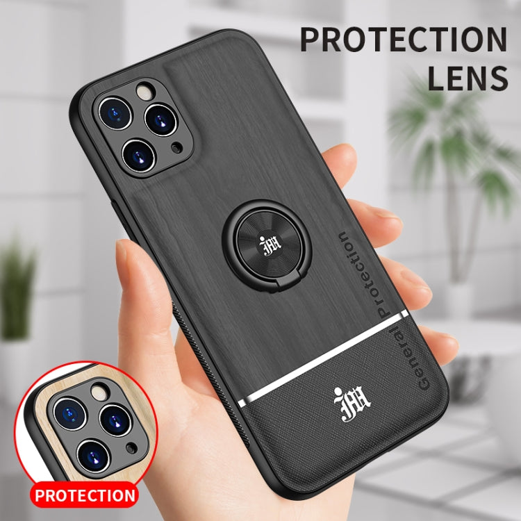 For iPhone 11 Pro Max Wood Grain PC + TPU Shockproof Protective Case with Ring Holder