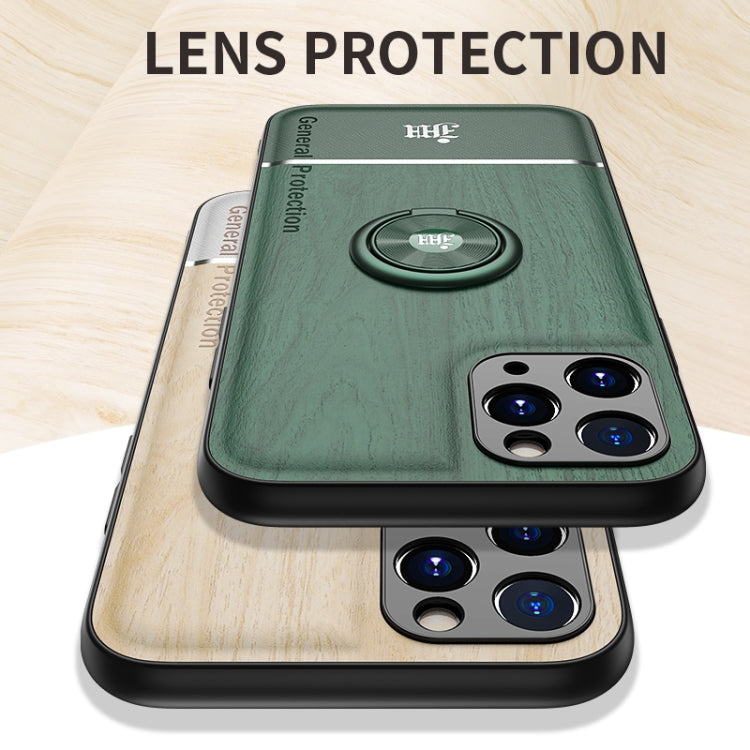 For iPhone 11 Pro Max Wood Grain PC + TPU Shockproof Protective Case with Ring Holder