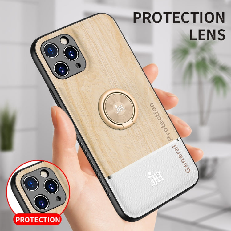 For iPhone 11 Pro Max Wood Grain PC + TPU Shockproof Protective Case with Ring Holder