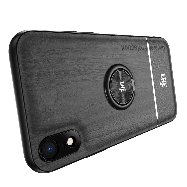 For iPhone XR Wood Grain PC + TPU Shockproof Protective Case with Ring Holder
