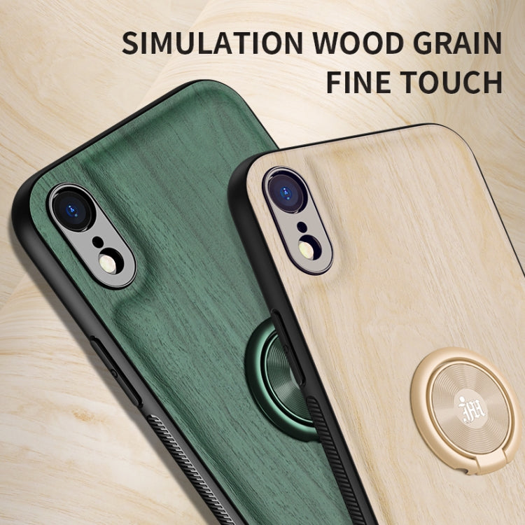 For iPhone XR Wood Grain PC + TPU Shockproof Protective Case with Ring Holder