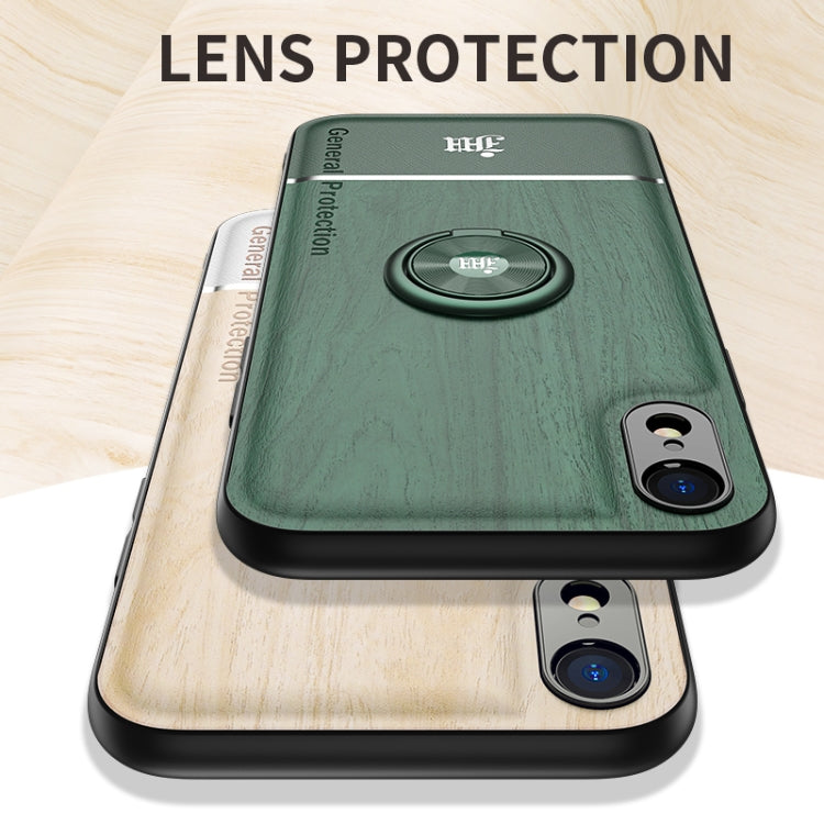 For iPhone XR Wood Grain PC + TPU Shockproof Protective Case with Ring Holder